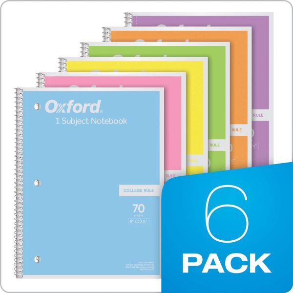 Oxford Spiral Notebook, 1 Subject, College Ruled Paper, 8 x 10-1/2 Inch, Pastel Pink, Orange, Yellow, Green, Blue and Purple, 70 Sheets (63756), Set of 6 - Image 2